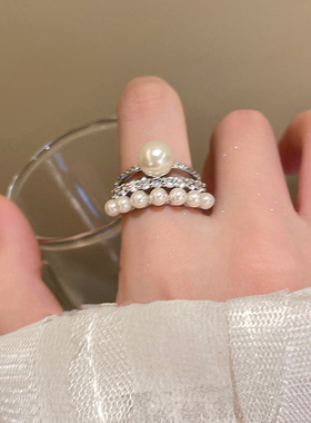 韩国东大门双层珍珠夸张戒指女小众设计叠戴食指戒轻奢高级感指环