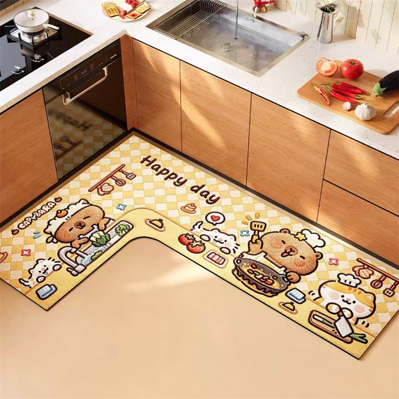 Cartoon L-shaped kitchen special floor mat diatom mud absorbs water and oil, non-slip, anti-oil, dirt-resistant and easy-care foot mat