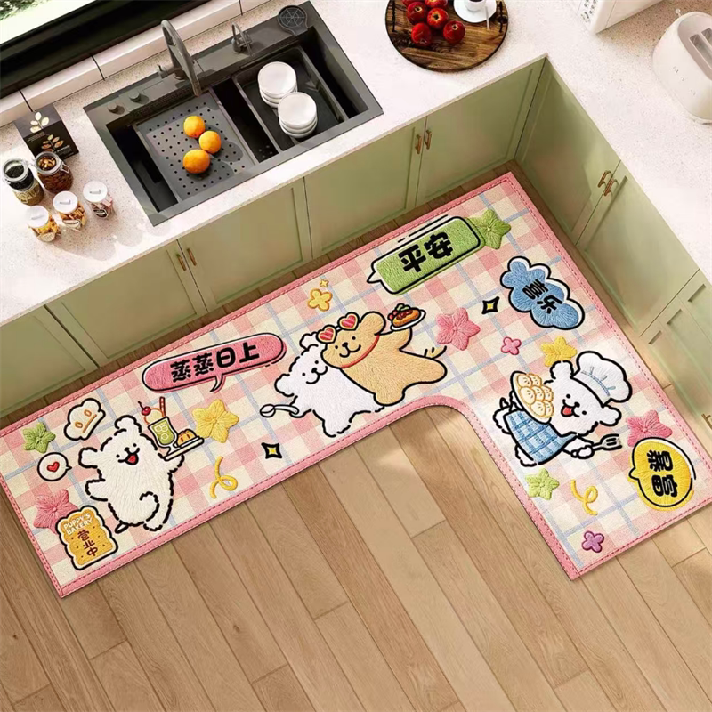 Cartoon L-shaped kitchen special floor mat diatom mud absorbs water and oil, non-slip, anti-oil, dirt-resistant and easy-care foot mat