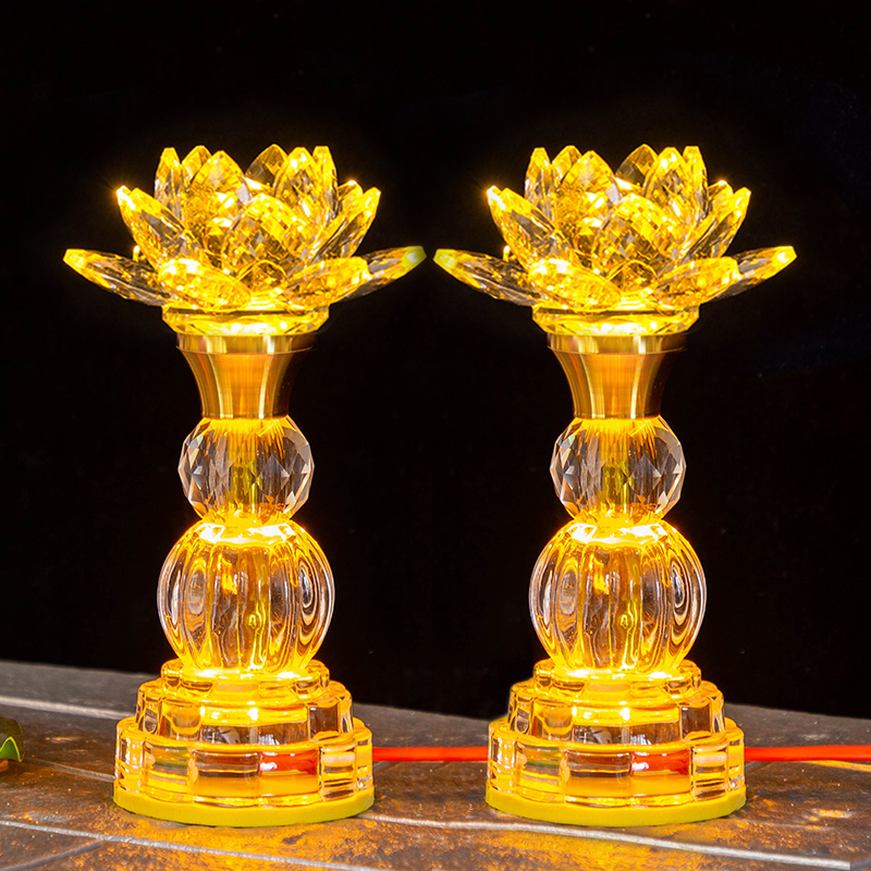 佛前水晶莲花灯佛供灯LED七彩长明家用荷花灯一对供佛灯财神插电_虎窝淘