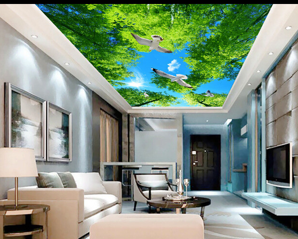 蓝天白云吊顶壁纸樱花树森林客厅卧室壁画酒店KTV天花板天顶墙纸,淘宝优惠券,粉丝福利购,淘宝优惠卷