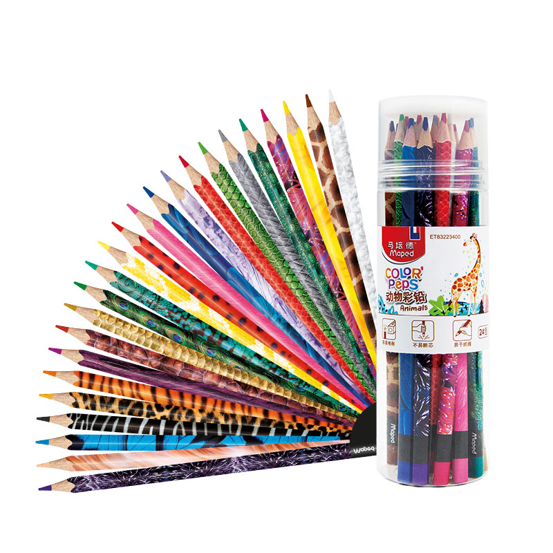 马培德动物彩色铅笔油性彩铅12色24色儿童手绘彩笔三角画笔桶装-图3