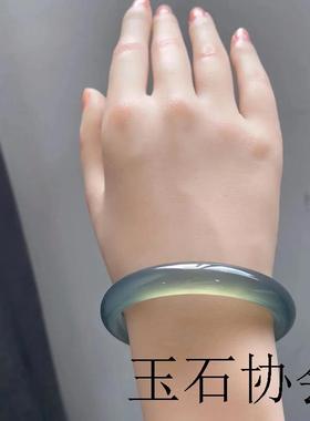 天然高冰种玉髓库里蓝扁条平安镯少女款玛瑙手镯气质蓝玉镯子证书