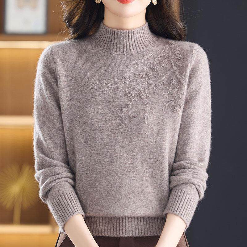 大码中年妈妈100%羊绒毛衣女提花秋冬半高领针织衫女纯色上衣加厚,淘宝优惠券,粉丝福利购,淘宝优惠卷