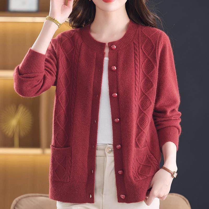 洋气中年妈妈100%纯羊绒毛衣女开衫秋冬加厚针织衫外套女纯色上衣,淘宝优惠券,粉丝福利购,淘宝优惠卷