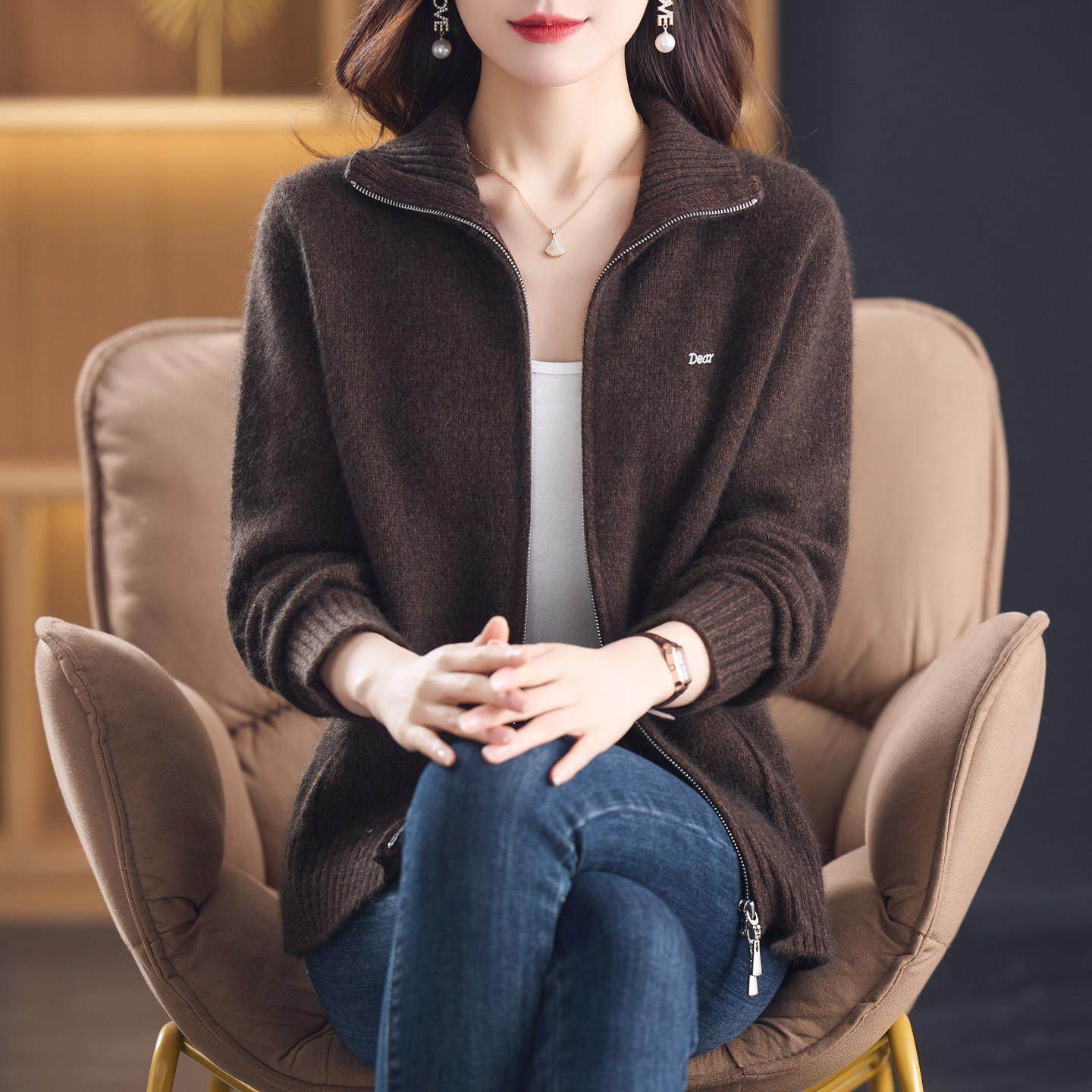 高端100%纯羊毛开衫女加厚秋冬2025新款拉链翻领保暖妈妈毛衣外套,淘宝优惠券,粉丝福利购,淘宝优惠卷