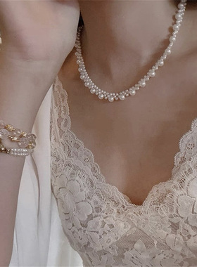不锈钢串珠珍珠项链精致优雅复古气质高级感锁骨链轻奢小众项饰女