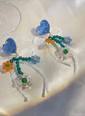 S925纯银针海盐橘子耳钉女蓝色水晶蝴蝶结串珠流苏耳环多巴胺饰品