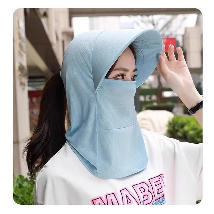 防晒遮阳帽子夏季户外骑车冰丝网眼太阳帽围脖护颈遮脸大帽檐面罩 - 图2