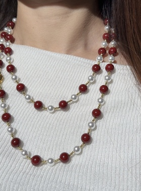 双层叠戴红色仿珍珠项链女大气小众高级锁骨链气质长款毛衣链秋冬