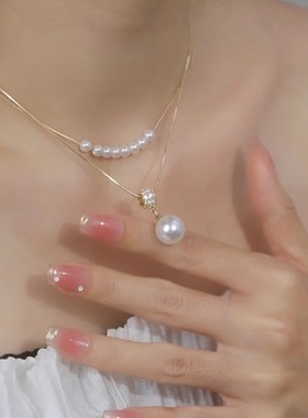 金色双层叠戴仿珍珠锁骨链女