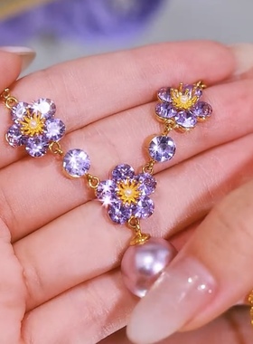 紫色锆石花朵仿珍珠项链2025新款