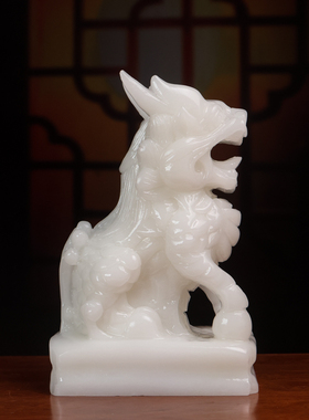 天然汉白玉招财麒麟摆件