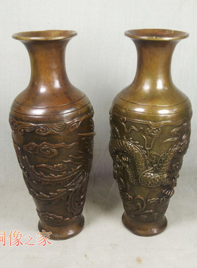 工艺仿古风纯铜龙凤花瓶家居装饰