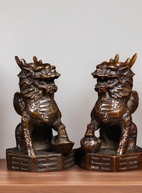 纯铜火麒麟摆件一对桌面装饰品