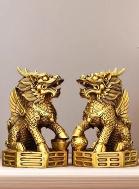 纯黄铜火麒麟一对摆件家居装饰品