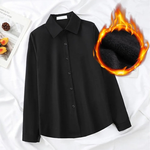 秋冬季加绒高级感V领白色衬衫女长袖内搭叠穿职业装通勤极简衬衣 - 图2