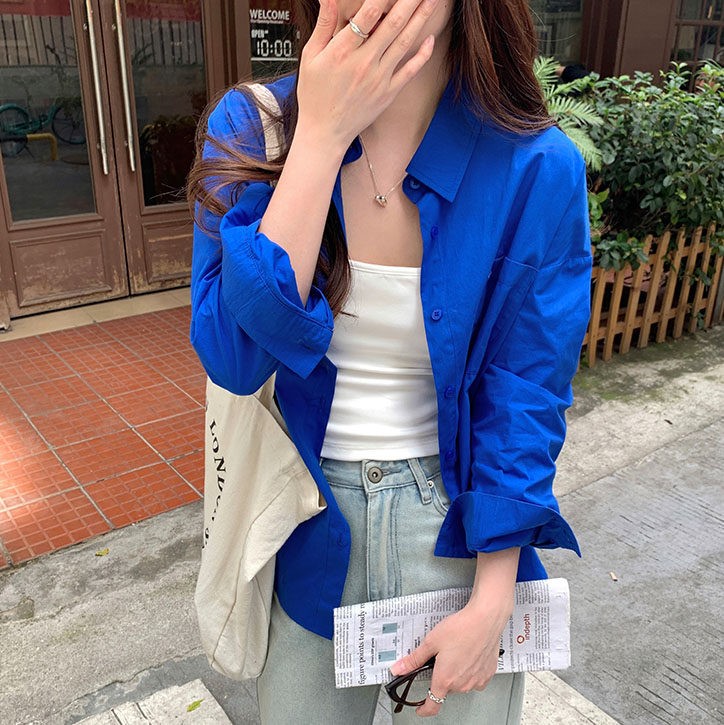 秋冬克莱因蓝色长袖衬衫女别致宝蓝色小清新气质时尚优雅休闲衬衣