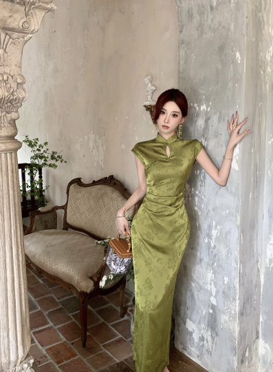 Mimo dk新中式缎面提花改良旗袍年轻显瘦显白开叉连衣裙女夏长裙