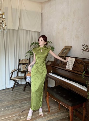 Mimo dk【盛夏】新中式绿色提花显瘦显白旗袍国风长款连衣裙女夏 - 图1