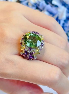 网红浪漫彩宝戒指女开口 小众设计满镶镀18K金清新薄荷绿彩宝指环