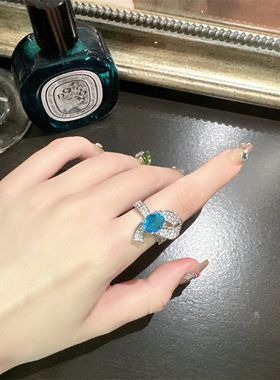 璀璨彩宝鹅蛋蓝宝石戒指女 镀18K金多切面锆石满钻蝴蝶结食指饰品