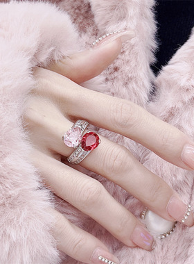 樱花粉锆石彩宝戒指女ins高级感小众款气质百搭简约网红抖音直播