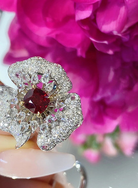 彩宝璀璨红宝石花朵戒指女ins开口食指环小众高级感轻奢网红直播