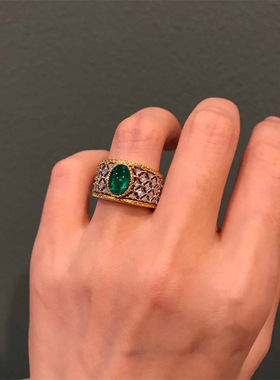 法式复古宫廷蕾丝祖母绿高级感开口戒指女镶嵌锆石指环镀分金时尚