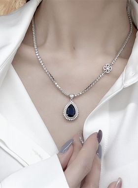 欧美奢华蓝宝石项链镶嵌复古吊坠蓝色锁骨链轻奢小众百搭气质时尚