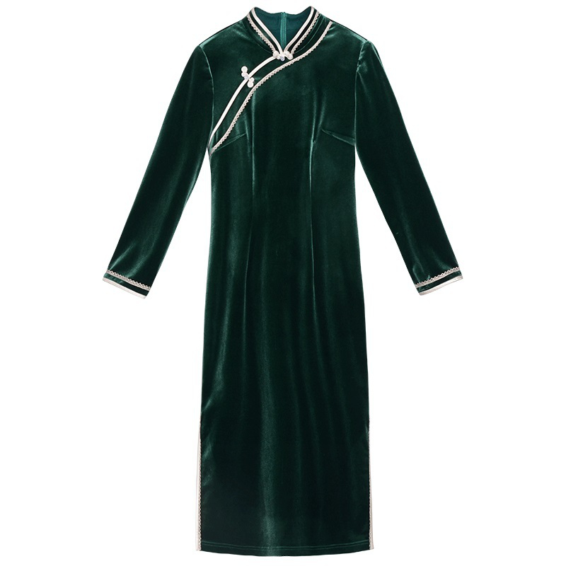 固执秋冬新款古法旗袍秋冬款民国千金丝绒长袖改良旗袍连衣裙7627 - 图3