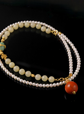 吉盟珠宝古法银和田玉珍珠南红项链手链女款一款两戴新中式国潮