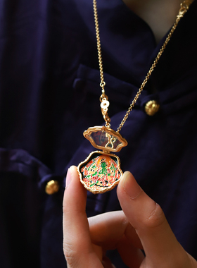 吉盟珠宝S925银绿度母嘎乌盒项链坠藏式珐琅彩古法套链新中式国潮