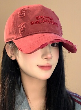 红色破洞棒球女刺绣大头围鸭舌帽