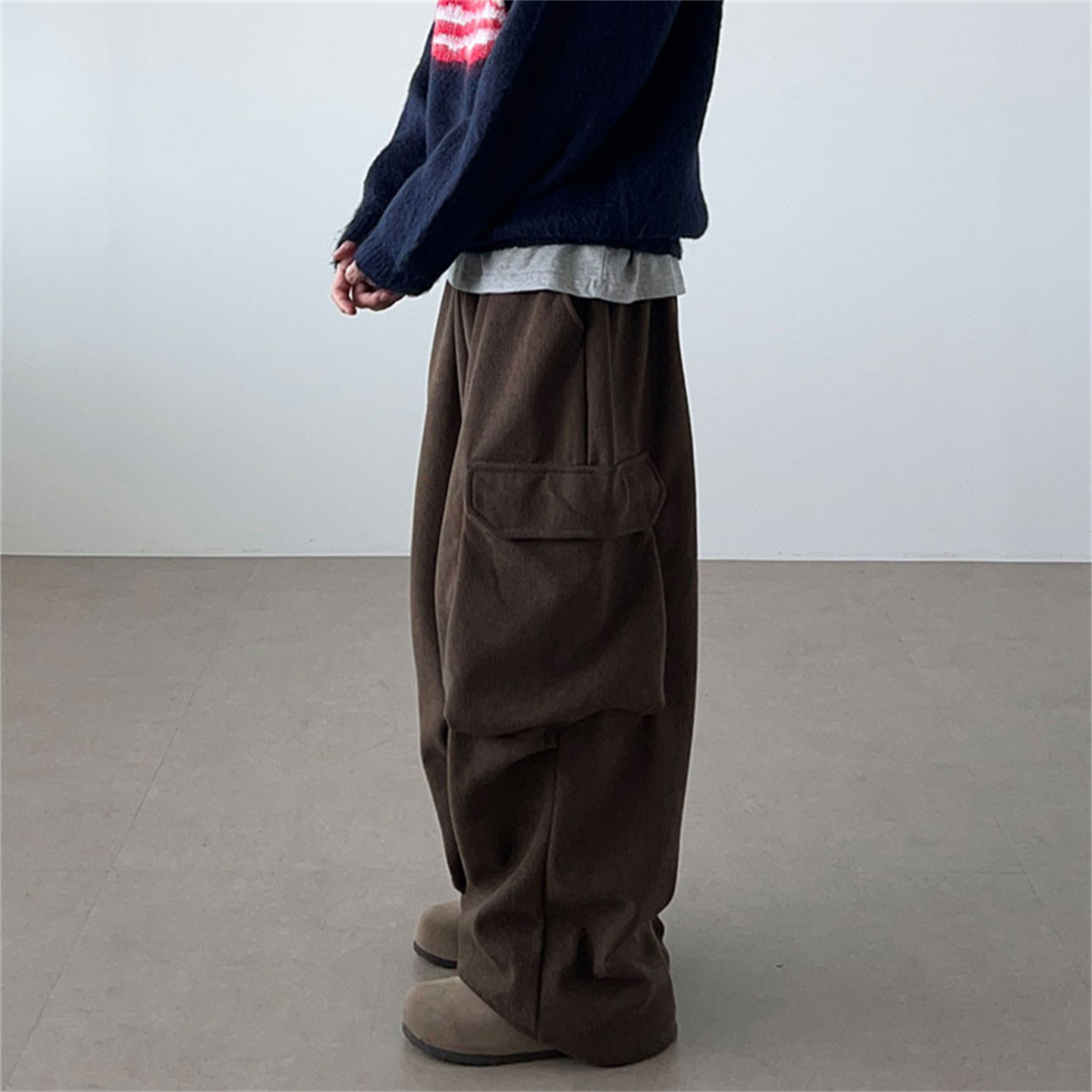 MRDONG韩国男装代购秋冬螺纹内里抓绒工装大口袋阔腿可束脚休闲裤 - 图2