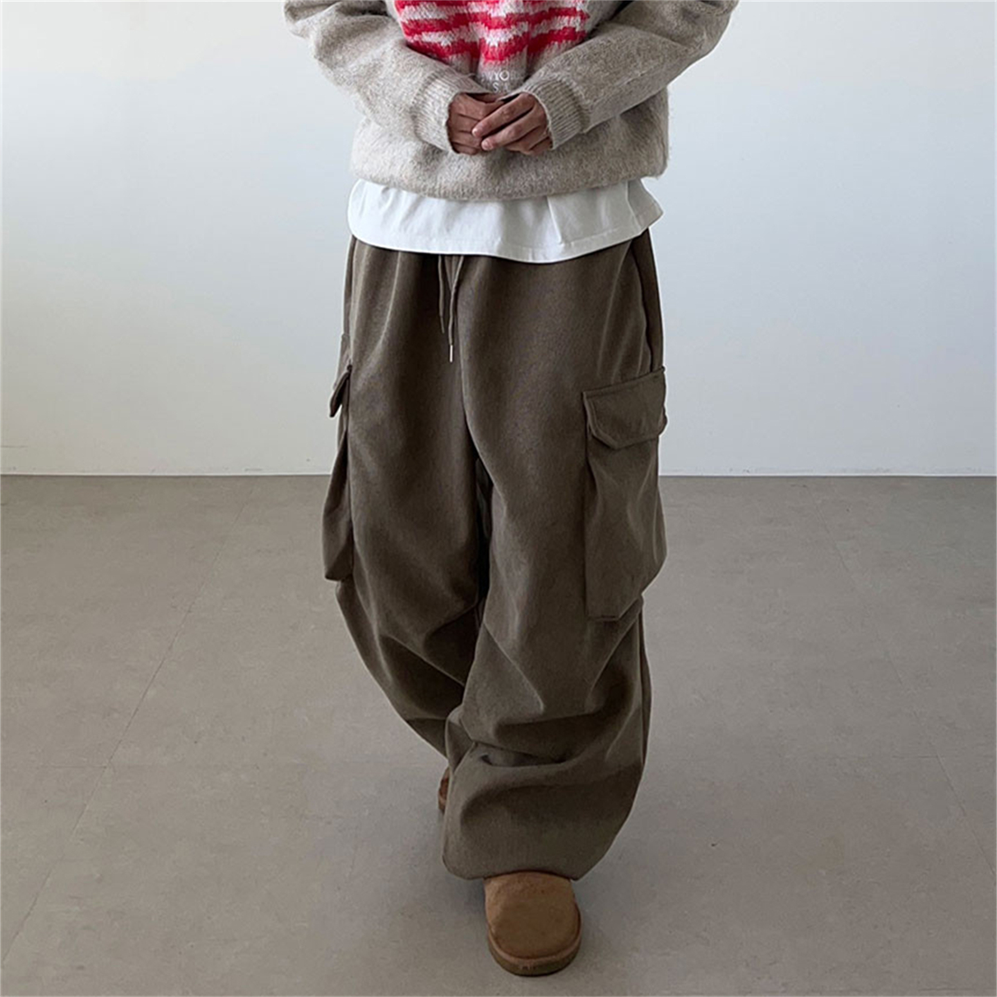 MRDONG韩国男装代购秋冬螺纹内里抓绒工装大口袋阔腿可束脚休闲裤 - 图0