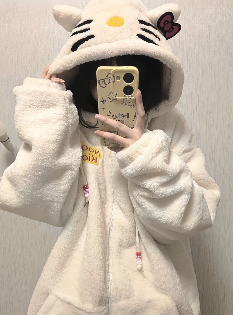 日系可爱凯蒂猫hellokitty羊羔绒外套女秋冬宽松慵懒风bf棉衣棉服