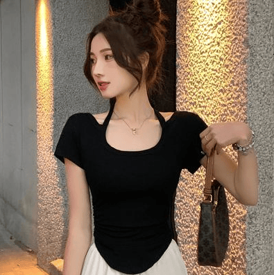 辣妹短款短袖t恤女独特设计挂脖上衣显瘦小衫姐妹闺蜜装正肩体恤