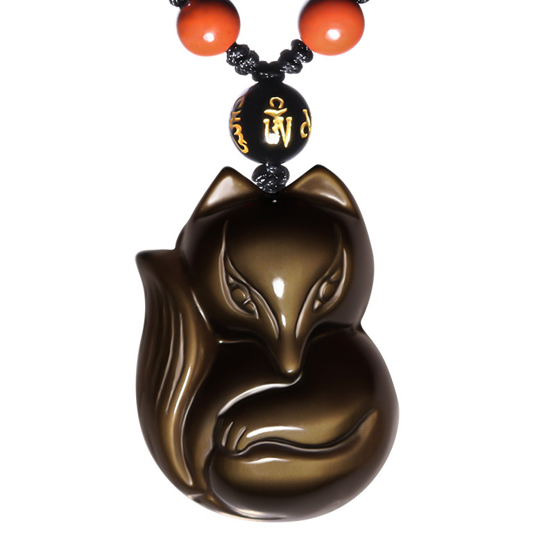 开光冰种黑曜石魅影幻狐九尾狐吊坠 赏峰饰品项坠/吊坠