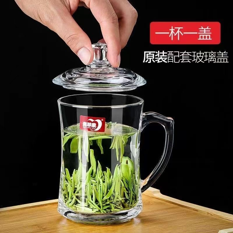 青苹果无铅玻璃茶杯子家用泡花绿茶办公室带把盖加厚耐热防爆茶杯 - 图0