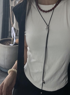 博主同款小众拉丝多种戴法黑绳长款项链安哥拉红椭圆精致锁骨链女