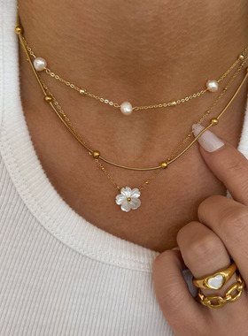 INS欧美18k镀金不锈钢素链锁骨链不掉色圆蛇包珠项链珍珠项链