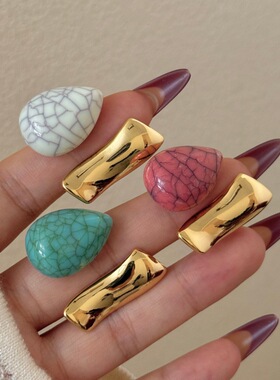 法式轻奢风裂纹水滴天然石开口戒指 小众高级感叠戴指环 复古时髦