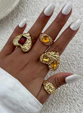 欧美饰品 ins风金属熔岩爱心褶皱戒指 设计感方钻镶嵌关节戒