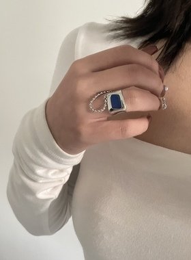 法式设计感克莱因蓝色双层流苏钻链宝石开口戒指女时尚简约戒指女