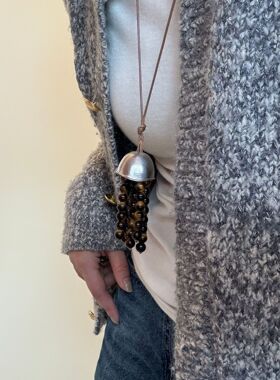 天然石虎眼石长款串珠项链百搭设计感小众黑色抽拉项链手工项链女