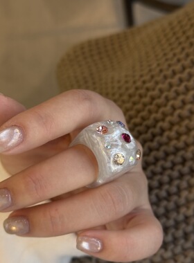 欧美晕染彩色镶钻方形几何树脂戒指指环个性潮流原创设计新款