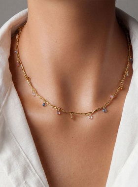 法式线条缠绕彩色锆石项链女小众气质轻奢风时尚锁骨链304不锈钢