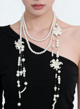 法式浪漫白色贝壳花朵珍珠流苏项链女小众多层串珠气质锁骨链颈链