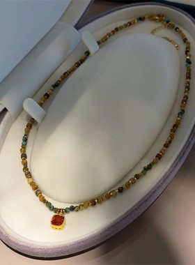 轻奢小众波西米亚复古红色方糖天然石项链女个性叠戴高级感锁骨链